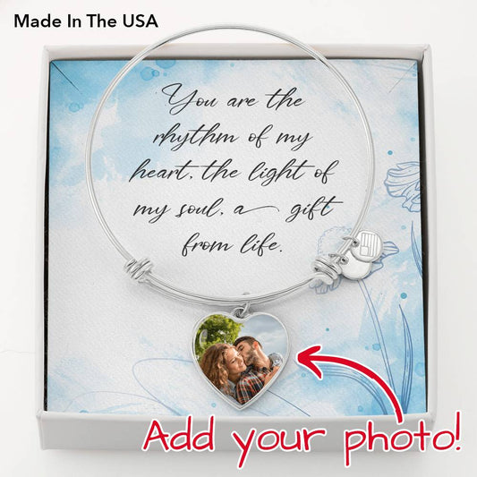 You Are The Rhythm of My Heart Photo Charm Bangle - stainless steel - Add your photo to create unique heart shaped photo pendant. Message Card reads, You are the rhythm of my heart, the light of my soul, a gift from life