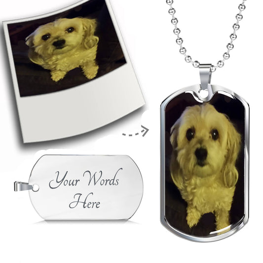 Convert your service dog photo into a stainless steel photo dog tad with custom engraving for a totally unique heirloom gift
