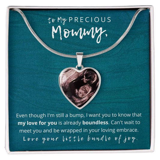 Ultrasound Photo Charm Pendant in Gift box with message: To my precious mommy, even though I'm still a bump, I want you to know that my love for you is already boundless. Can't wait to meet you and be wrapped in your loving embrace. Love, your little bundle of joy.