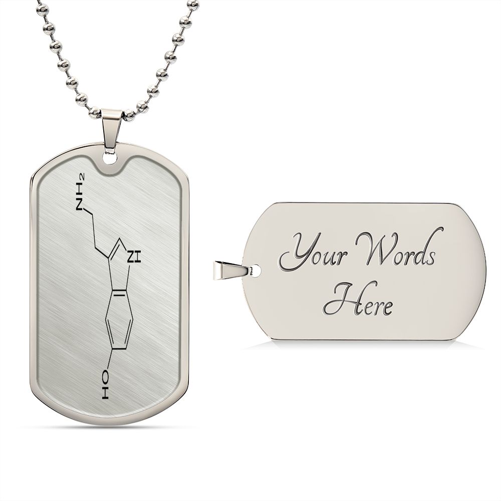 Serotonin Happiness Hormone Chemical Structure Diagram Dog Tag Pendant with engraving Your Words Here on the back side of the Stainless Steel Dogtag