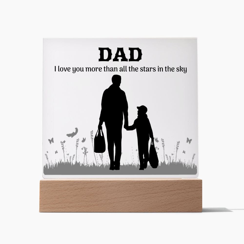 DAD Gift Plaque Of Father and Child on a wooden base with message: DAD I love you more than all the stars in the sky. Without LED light option.