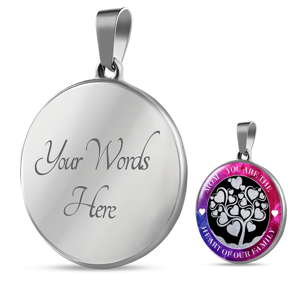 Engraved back of Mom - You are the Heart of our Family Pendant, with text, "Your Words Here" sits on left. On the right is a smaller view of the front design of the bangle's pendant