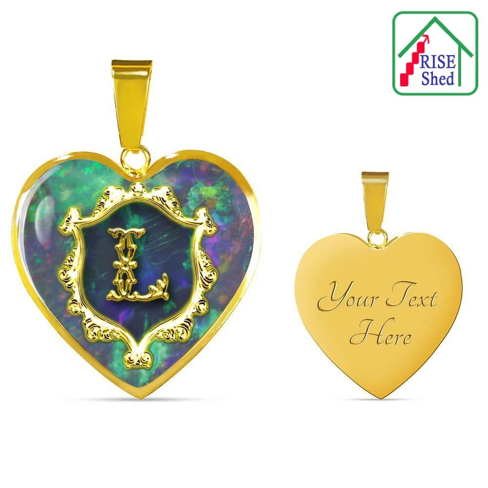 L Initial Monogram Alphabet Heart Pendant from Necklace with 18K Gold finish. Front view is on the left, back view of pendant is on the right, with custom personalized engraving which says, "Your Text Here"