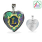 L Initial Monogram Alphabet Heart Pendant from Necklace. Front view is on the left, back view of pendant is on the right, with custom personalized engraving which says, "Your Words Here" on polished Stainless steel base