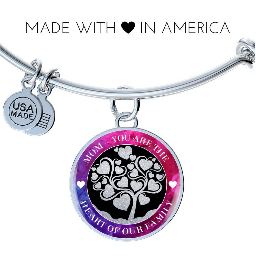 Made with Love in America. Close up of Mom - You are the Heart of Our Family Stackable Wire Bangle Polished Stainless Steel