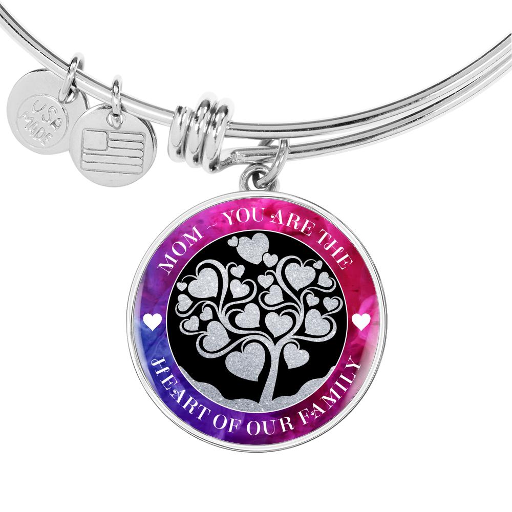 Mom - You are the Heart of Our Family Stackable Stainless Steel Wire Bangle with close up and enlarged view of pendant to show details