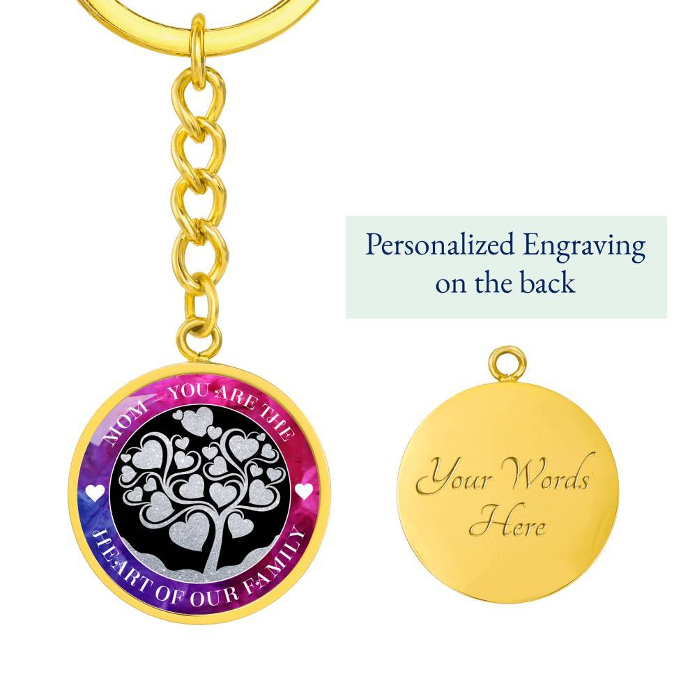 Mom - Your are the Heart of our Family Keychain with 18K yellow gold finish and personalized engraving on the back which says, "Your Words Here"