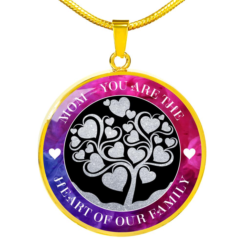 Mom - You are the Heart of our Family Necklace, enlarged view of gold pendant on a snake link chain