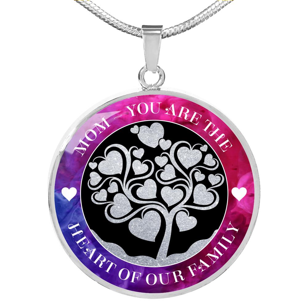 Mom - You are the Heart of our Family closeup view of stainless steel pendant on a snake link necklace