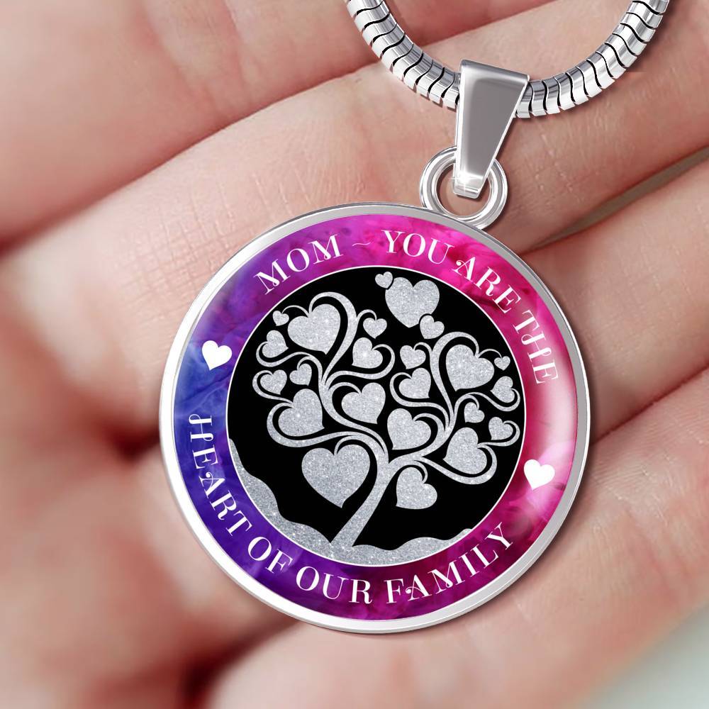 Close up enlarged view of Mom - You are the Heart of our Family Stainless Steel Pendant on Snake Link Necklace