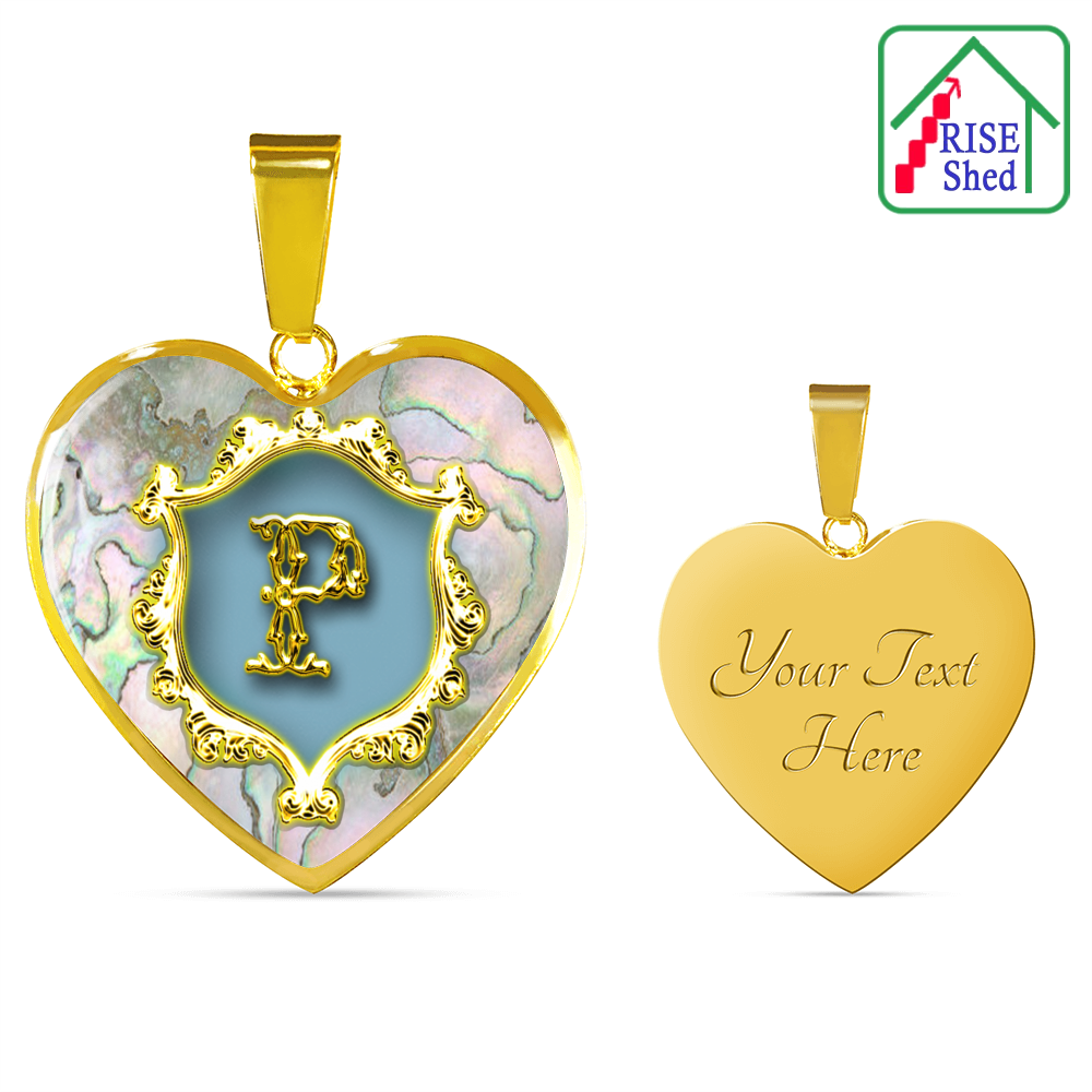 Engraved Gold P Monogram Alphabet Initial Bangle Heart Pendant Abalone Shell Style Background. Front view on left, back view on right enraved wit, "Your Text Here"