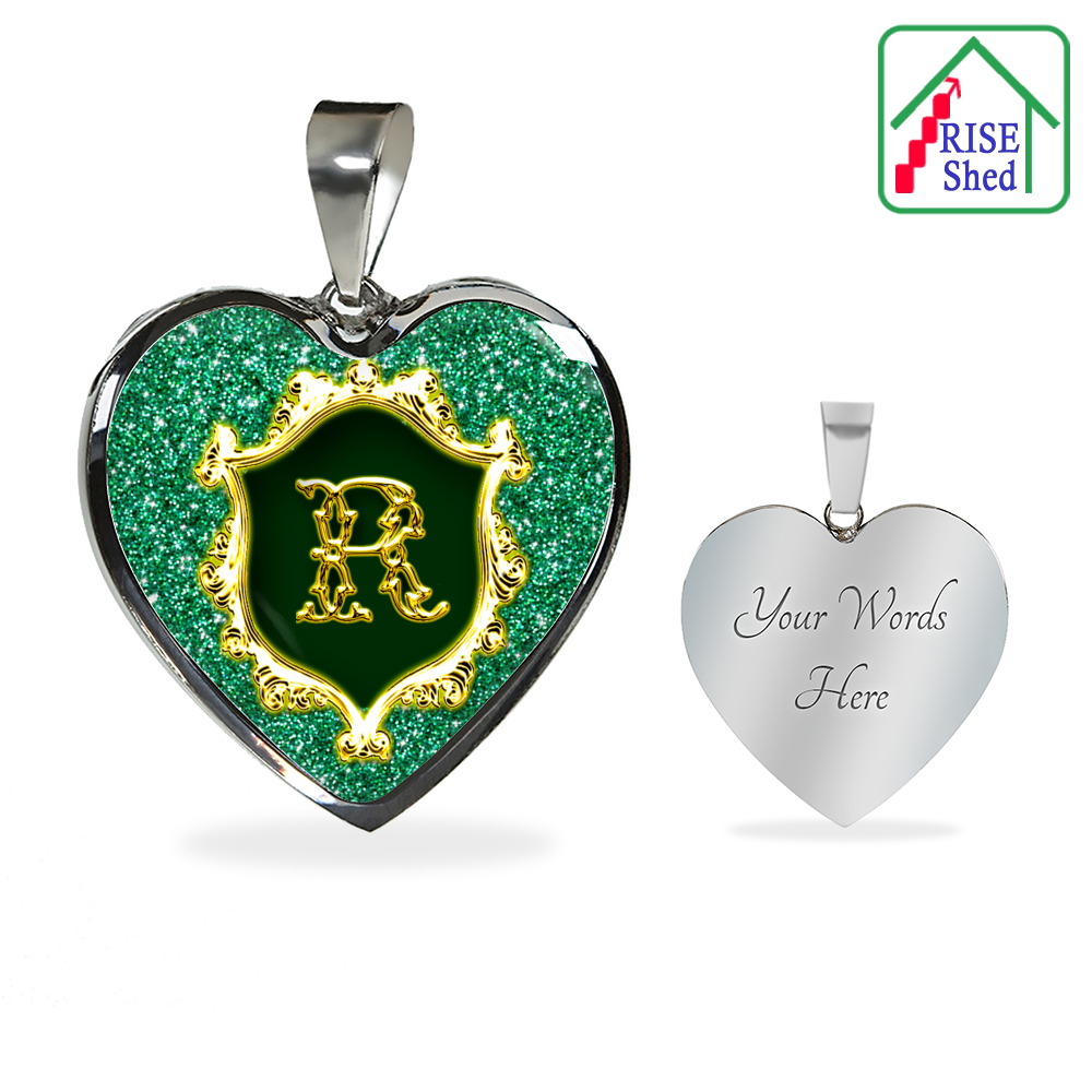 R Monogram Heart Pendant Alphabet Initial Bangle has custom backside engraving
