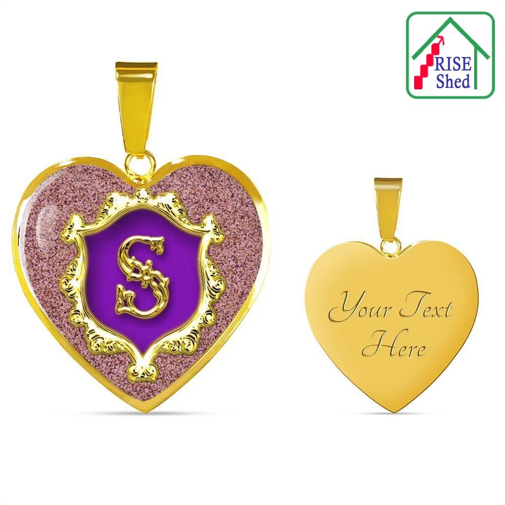 18K Gold Finish, Letter S Monogrammed Heart bangle showing engraved back side of Pendant, "Your Text Here"