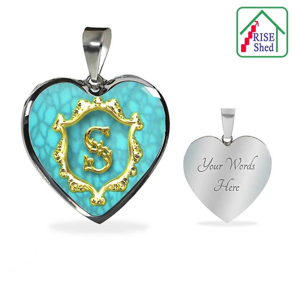 S Turquoise Background Initial Monogram Alphabet Heart Pendant from Necklace. Engraved back view is featured on the right with the front view on the left