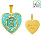 S Turquoise Background Initial Monogram Alphabet 18k gold finish Heart Pendant from Necklace. Engraved back view is featured on the right with the front view on the left