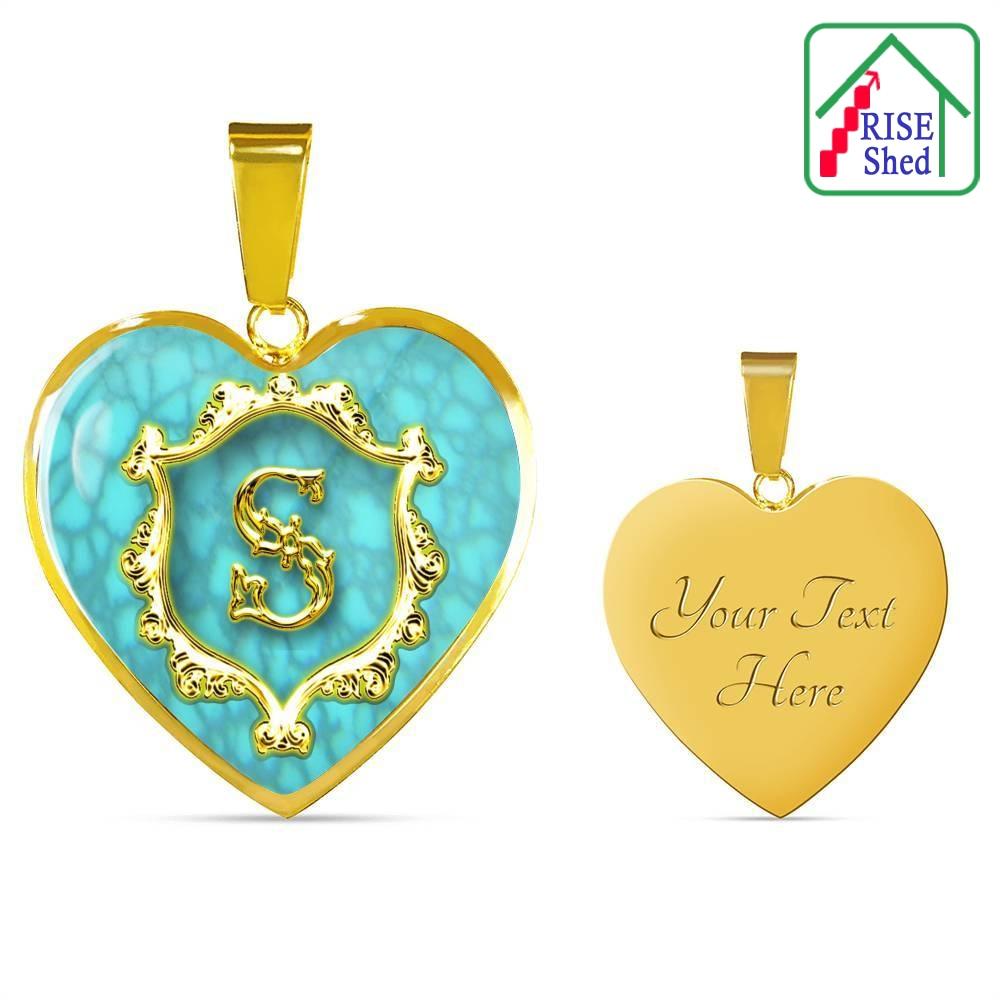 S Turquoise Background Initial Monogram Alphabet 18k gold finish Heart Pendant from Bangle. Engraved back view is featured on the right with the front view on the left