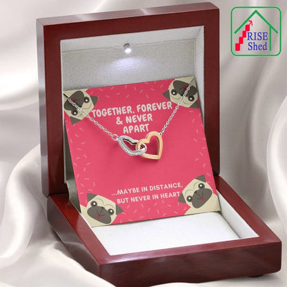 Presented in Mahogany Style Gift Box with LED spotlight the Together Forever Linked Hearts Necklace resting on pug greeting message card