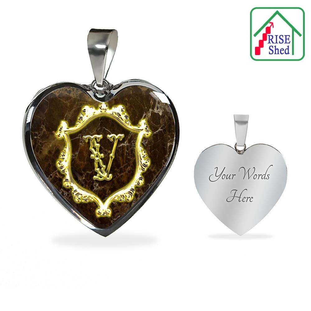 Custom Engraved V Initial Monogram Alphabet Stainless Steel Heart Pendant and Necklace
