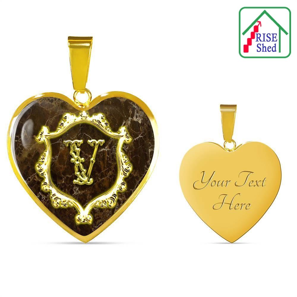 Custom Engraved V Initial Monogram Alphabet Necklace with 18K Gold Finish Heart Pendant. Front view on left and a smaller view of back on right with, "Your Text Here" engraved into pendant