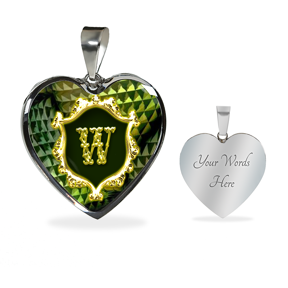 W Initial Monogram Heart Pendant Necklace with engraved back side shown on right with front view of pendant shown on left