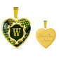 18K Yellow Gold Finish, W Initial Monogram Heart Pendant from Necklace with front view on left and engraved back view on the right