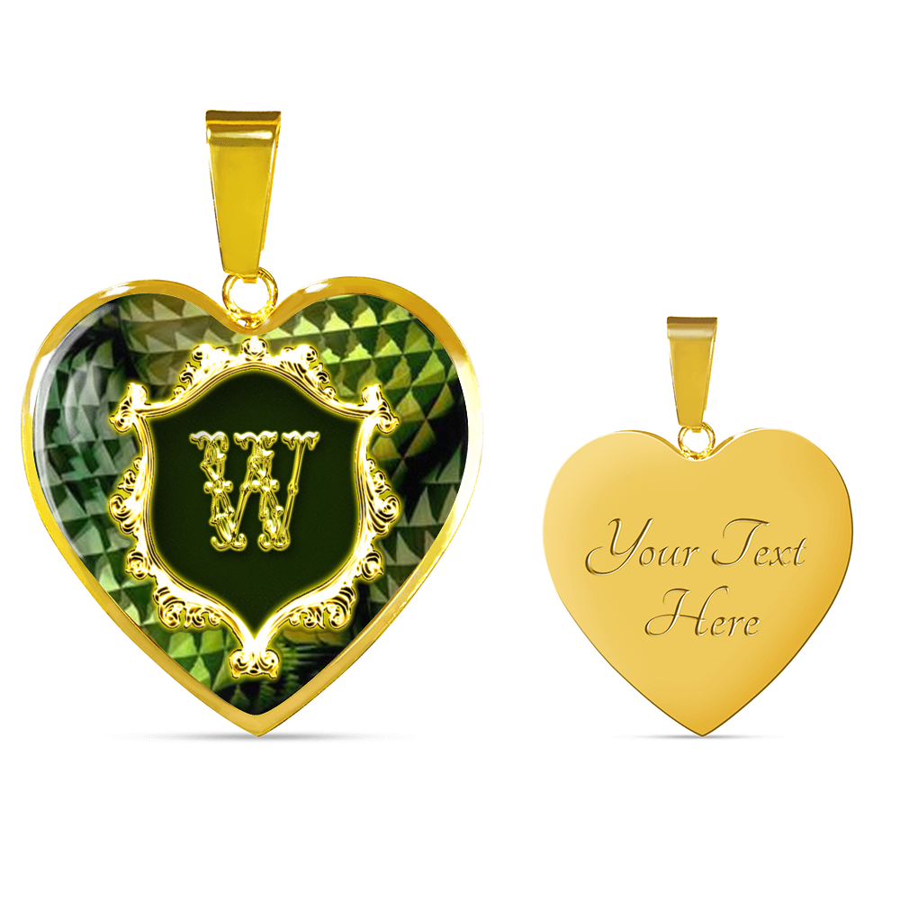 18K Yellow Gold Finish, W Initial Monogram Heart Pendant from Necklace with front view on left and engraved back view on the right