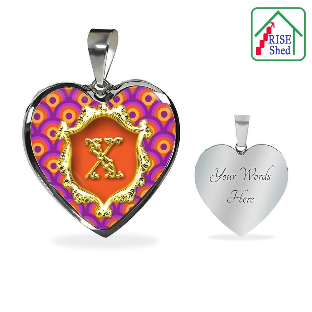 Engraved X Initial Monogram Alphabet Heart Pendant from Bangle. Front view on the left with custom engraved back view on right
