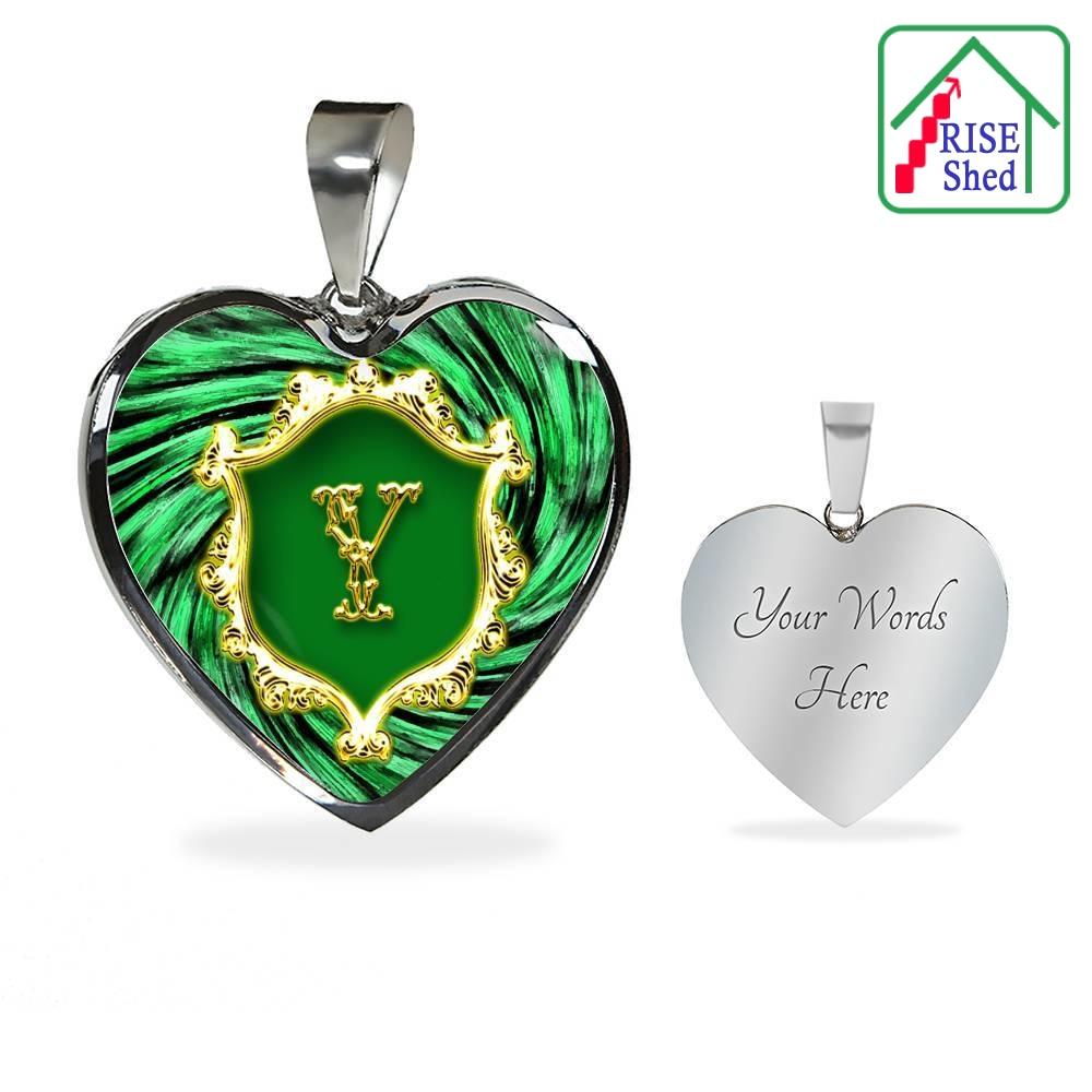 Custom Engraved Y Initial Monogram Alphabet Heart Pendant from Bangle. Front view on the left and view of back on right