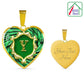 Custom Engraved Y Initial Monogram Alphabet 18K Gold Finish Heart Pendant and Necklace. Front view on left with view of example enraved back on right