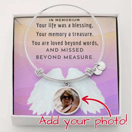 Your Life Was A Blessing In Memorium Round Bangle - Create Your Own Photo Charm Memorial