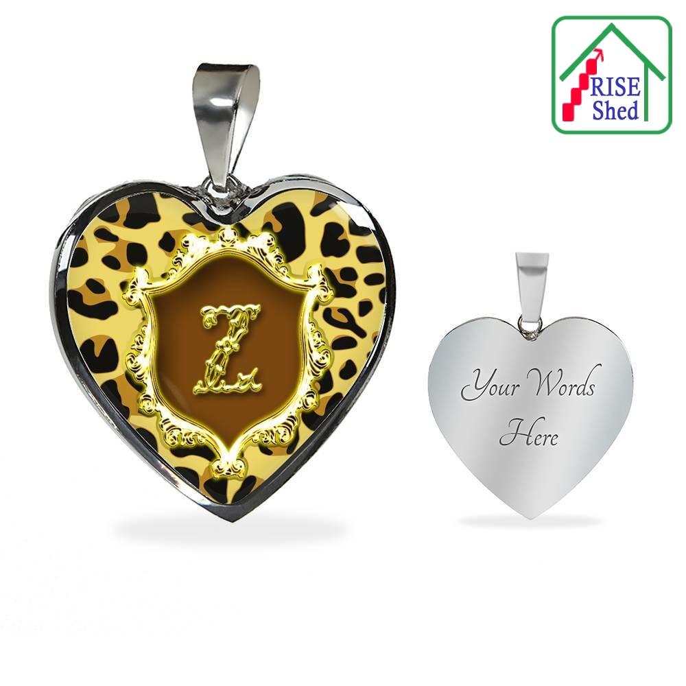 Z Initial Monogram Alphabet Heart Pendant and Necklace with custom engraving on back; front view on left, view of reverse on right