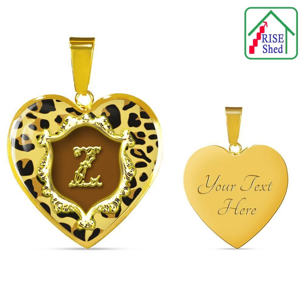 Custom Engraved Z Initial Monogram Alphabet 18K Gold Finish Heart Pendant Necklace; view of front side on left and rear view on right