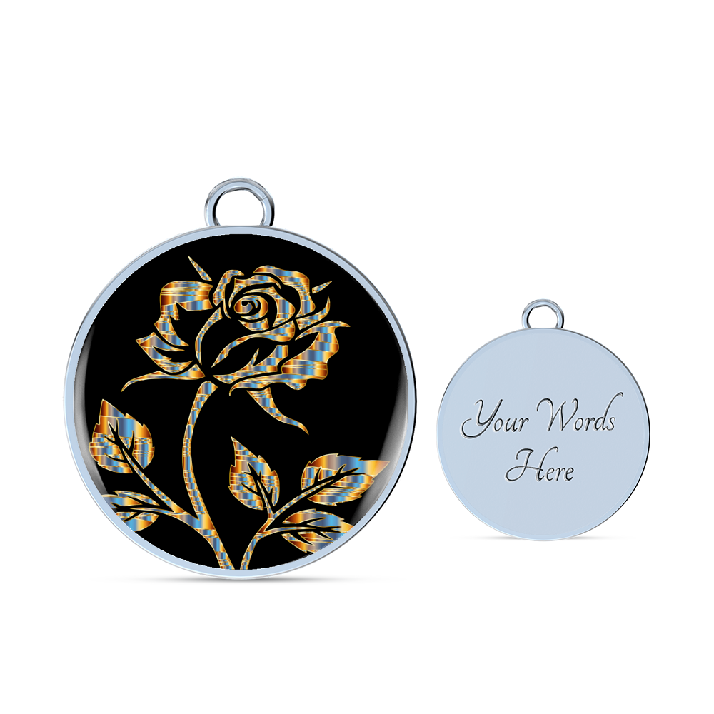 Golden Monochromatic Rose Circle Pendant with backside engraving