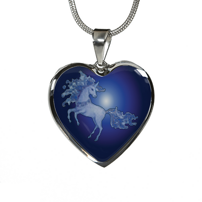 Stainless Steel Necklace features a unicorn is dancing at midnight in the moonlight of the full moon on a heart shaped pendant