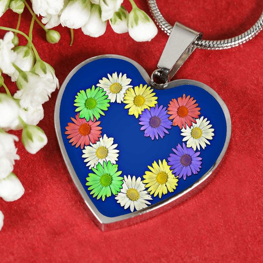 Daisy Chain Heart Pendant Necklace Stainless Steel and Liquid Glass Dome