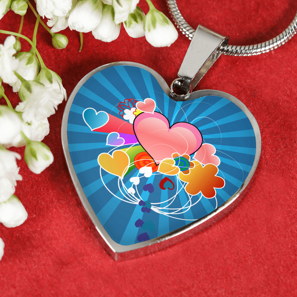 Heart Rays Of Love Charm Stainless Steel and Liquid Poured Glass Dome Pendant Necklace