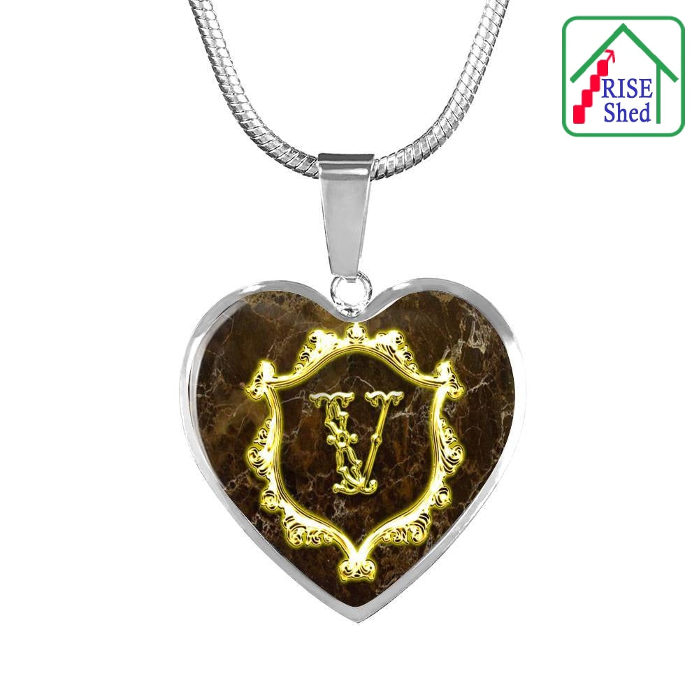 V Initial Monogram Alphabet Heart Pendant and Necklace