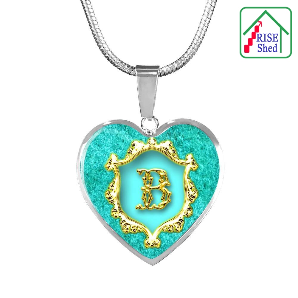 B Initial Monogram Alphabet Heart Stainless Steel Pendant and Necklace