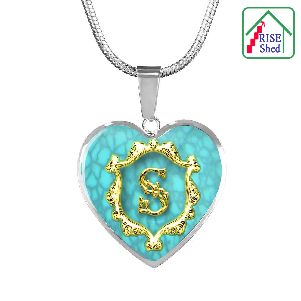 S Initial Monogram Alphabet Heart Pendant and Necklace Turquoise Background
