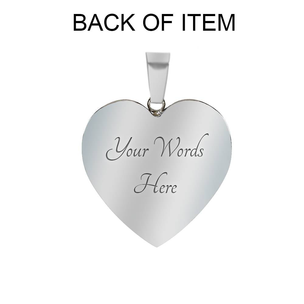 custom backside engraving of heart shaped pendant on bangle. Polished stainless steel engraved with "Your Words Here"