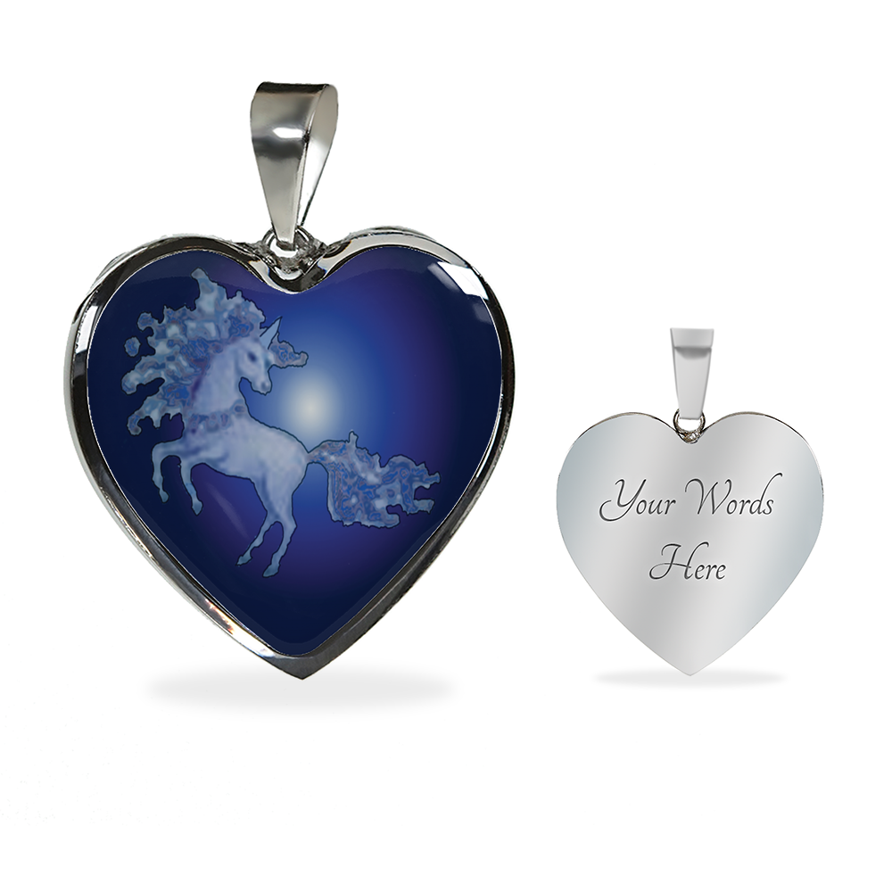 back side engraving on stainless steel- unicorn is dancing at midnight in the moonlight of the full moon on a heart shaped pendant