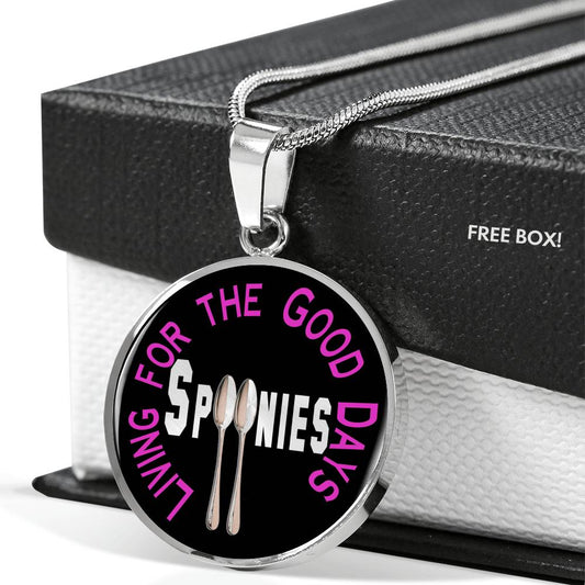 Spoonies - Living For The Good Days Luxury Necklace is lying draped over black and white gift box