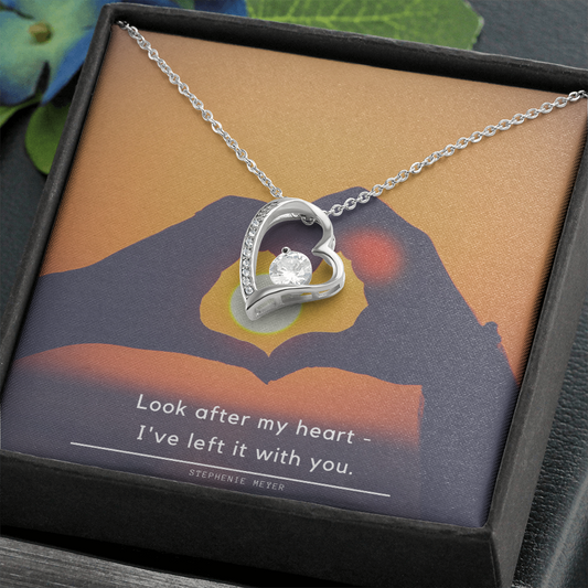 Look After My Heart - I've Left It With You CZ White Gold Heart Necklace