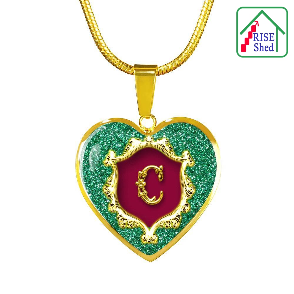C Initial Monogram Alphabet 18K Gold Finish Heart Pendant and Necklace