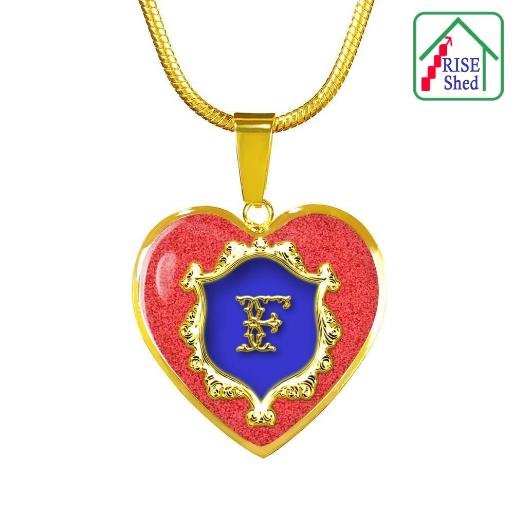 F Initial Monogram Alphabet 18K Gold Finish Heart Pendant and Necklace