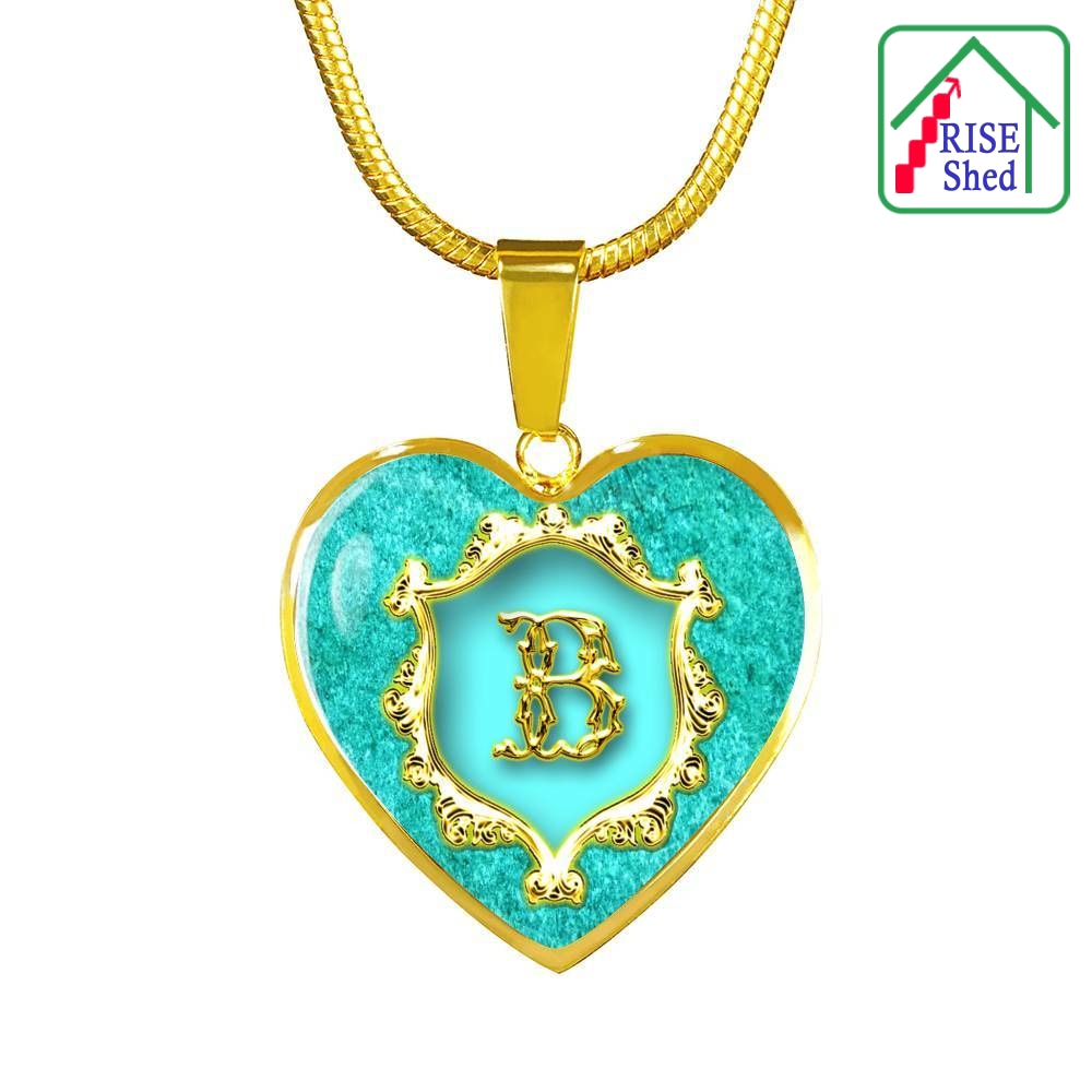 B Initial Monogram Alphabet 18K Gold Finish Heart Pendant and Necklace