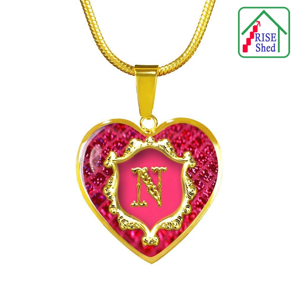 N Initial Monogram Alphabet 18K Gold Finish Heart Pendant and Necklace