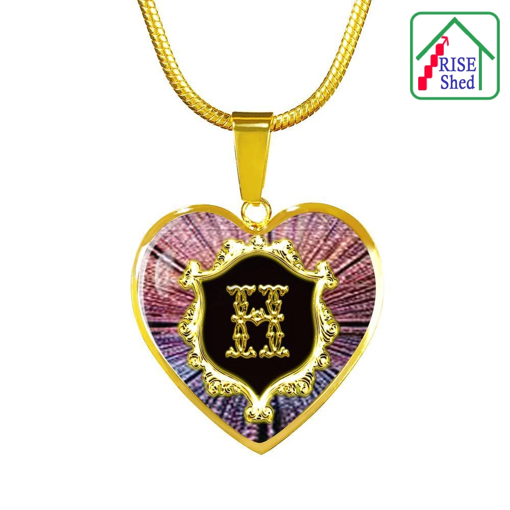 H Initial Monogram Alphabet Heart shaped 18k Gold Finish Pendant and Necklace