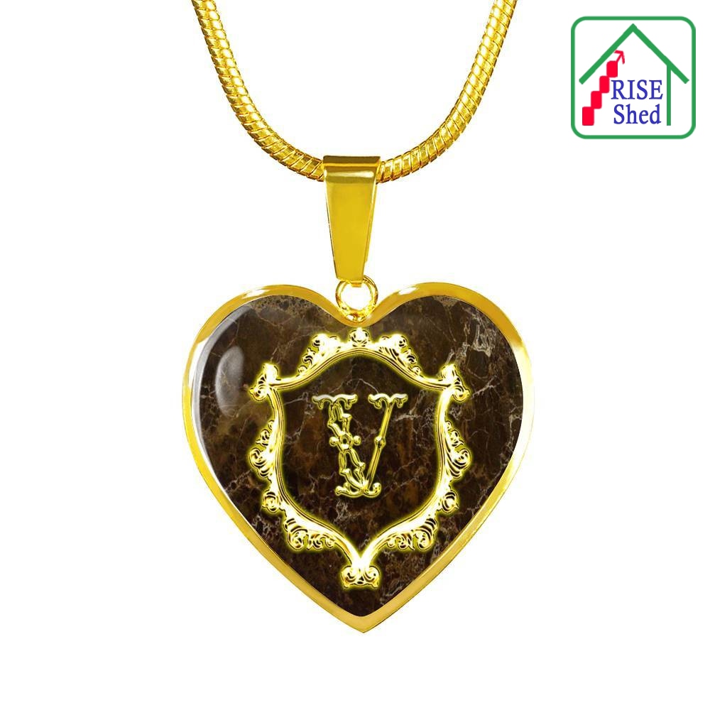 V Initial Monogram Alphabet 18K Gold Finish Heart Pendant and Necklace