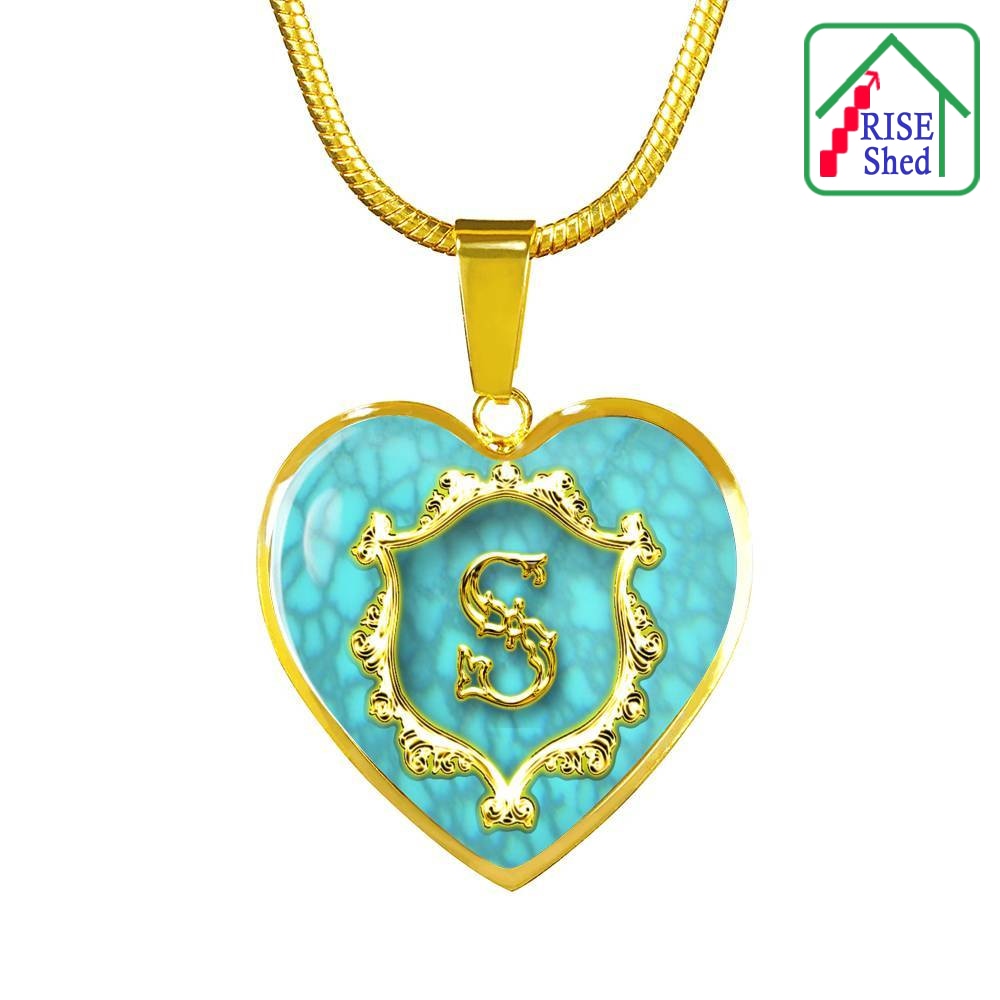 S Initial Monogram Alphabet 18K Gold Finish Heart Pendant and Necklace Turquoise Background